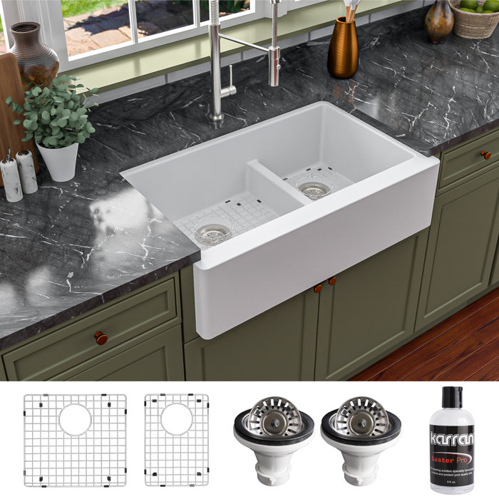 Karran 21.25'' W Double Bowl Quartz Farmhouse Kitchen Sink & Reviews